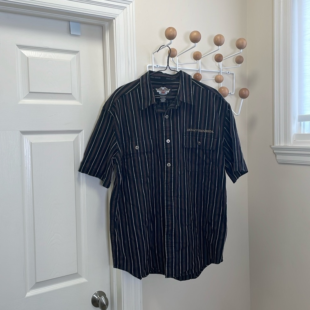 Harley-Davidson - Y2K Vertical Striped Short Sleeve Button Down - Black - L